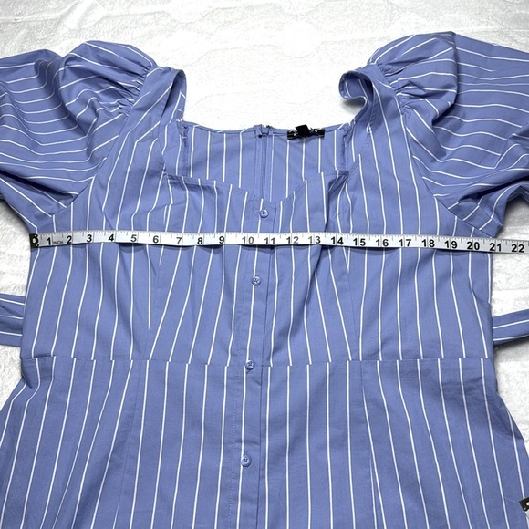 Express Womens XL Blue Striped Puff Sleeve Belted Mini Dress Cotton Blend NWT - Picture 5 of 10
